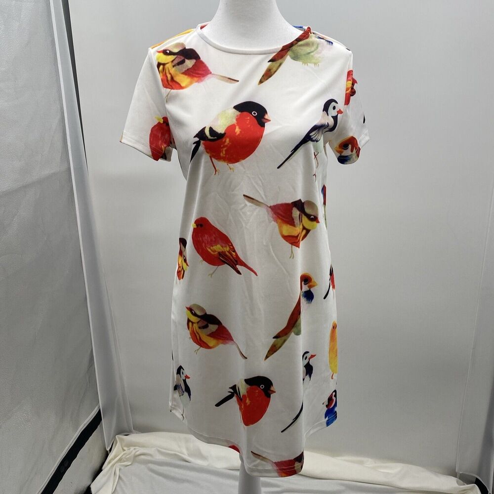 SHEIN Bird Printed Casual/Everyday/Beach Vacation Dress White Size Small